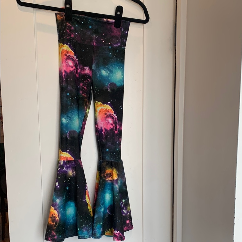 Black and Blue Cosmic Print Flared Leggings